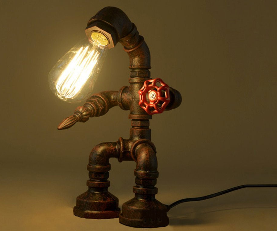 Rust Iron Robot Plumbing Pipe Desk Lamp 1